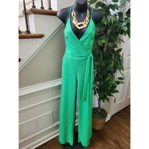 GIBIU Women's Solid Green Polyester V-Neck Strappy Casual Jumpsuits Size Medium